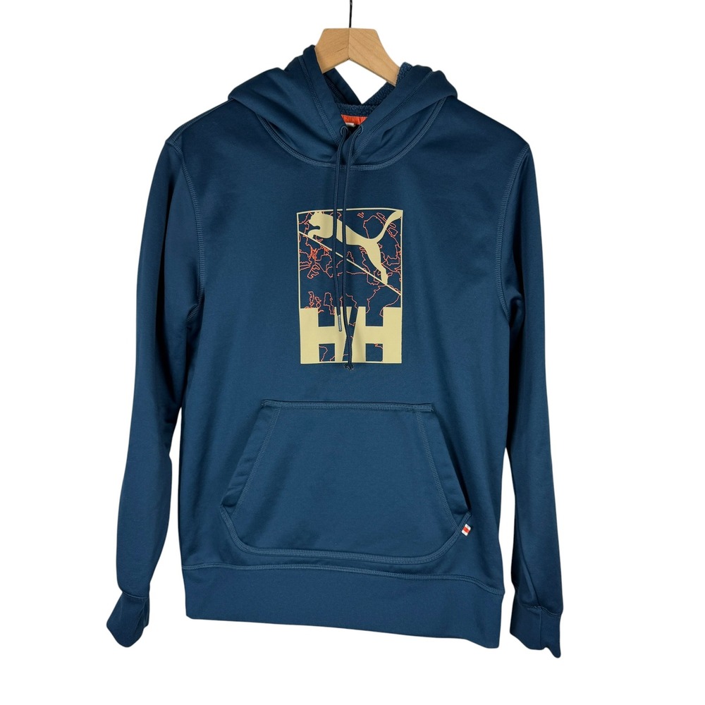 Puma x Helly Hansen Hoodie Mens XS Blue Graphic Fleece Pullover Sweatshirt